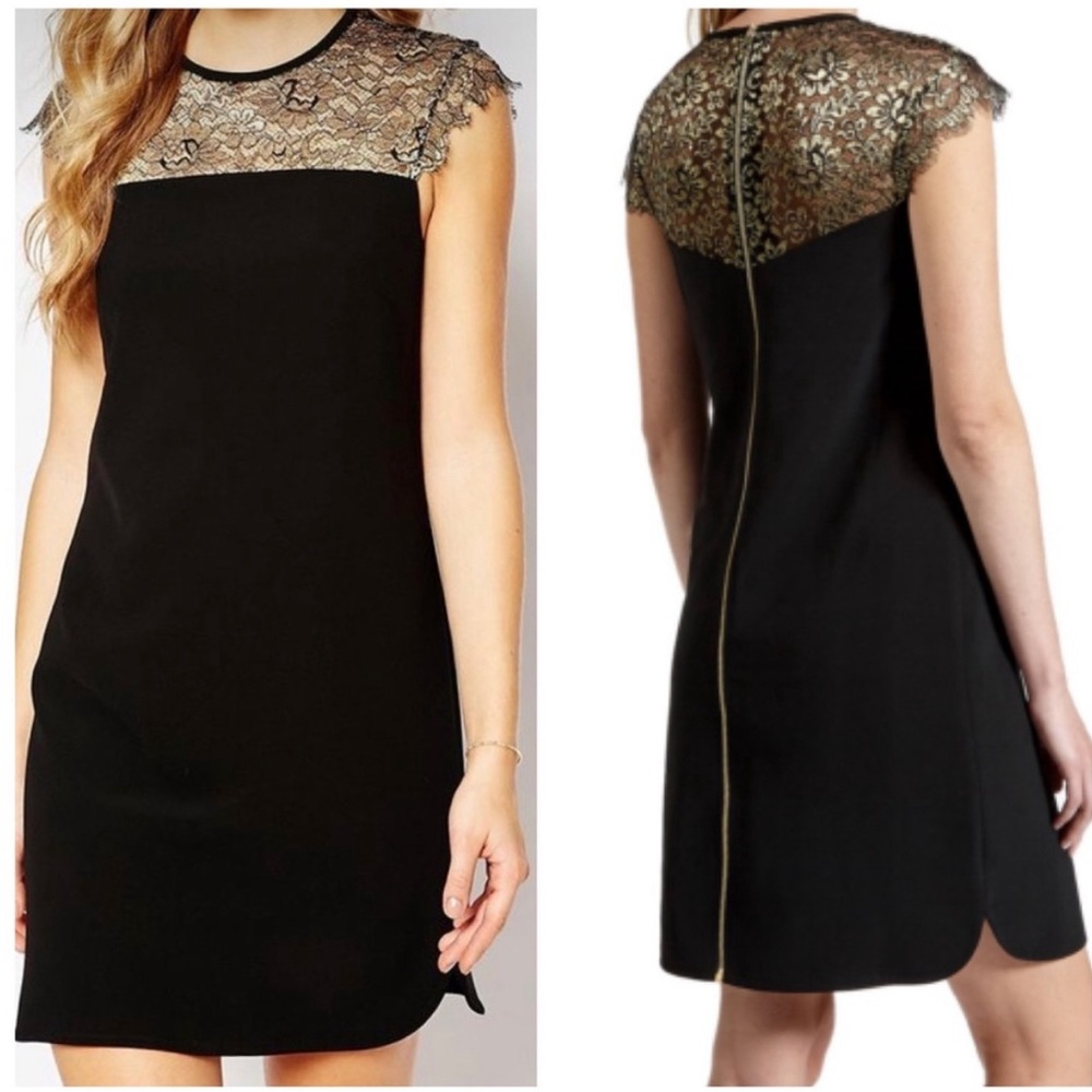 Ted Baker Size US 10 Lorenne Gold Lace Back Zip Dress Black and Gold